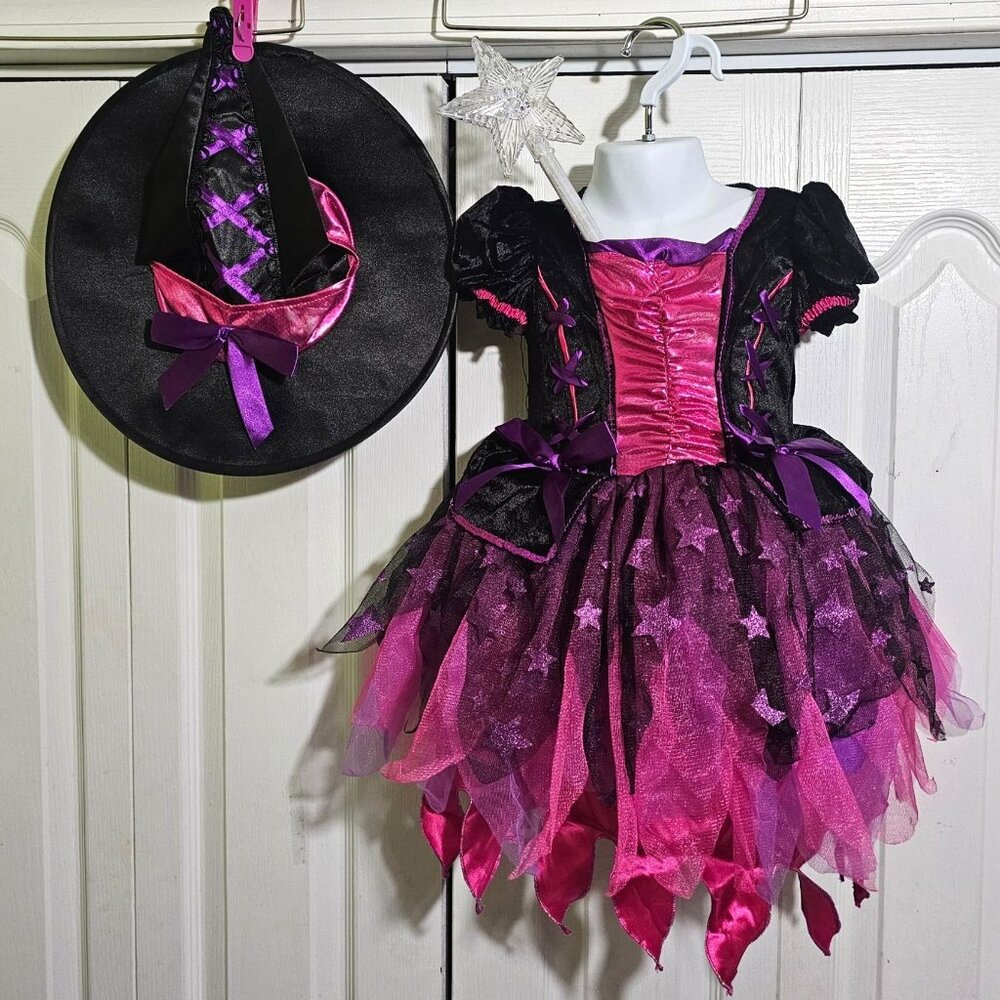 Sparkle Witch Costume Toddler 3T-4T Hat Light up Wand Pretty Pink Purple Sparkly